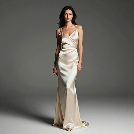 Elegant Woman in Satin Evening Gown with Spaghetti Straps
