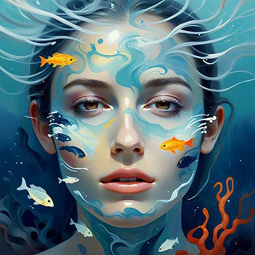 Surreal Digital Portrait of Woman Merging with Underwater Life