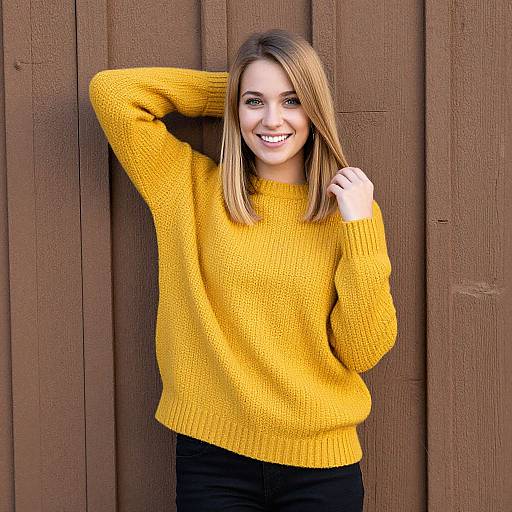 Smiling Woman in Mustard Yellow Sweater Posing by Brown Wooden Wall