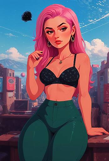 Stylized Digital Portrait of Woman with Pink Hair in Urban Setting