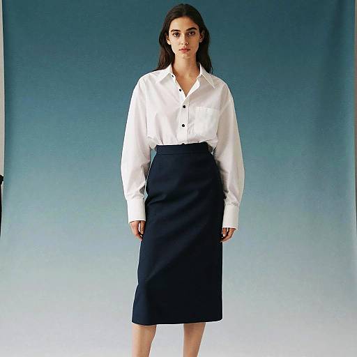 Gen Z Minimalist Woman Wearing White Shirt and Navy Pencil Skirt