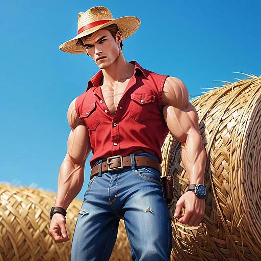 Muscular Man in Straw Hat Standing by Hay Bales Digital Illustration