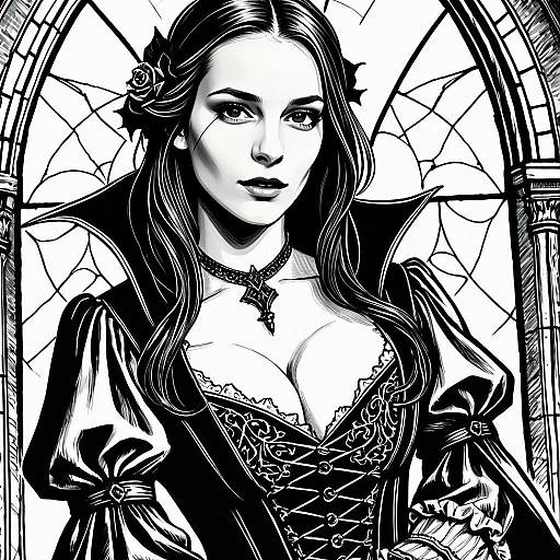 Gothic Vampire Woman Black and White Digital Art Illustration