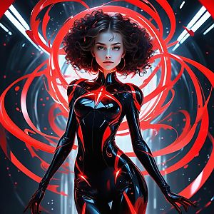 Confident Woman in High-Tech Bodysuit with Dynamic Red Ribbons