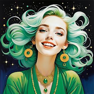 Vibrant Portrait of a Smiling Woman with Green Hair