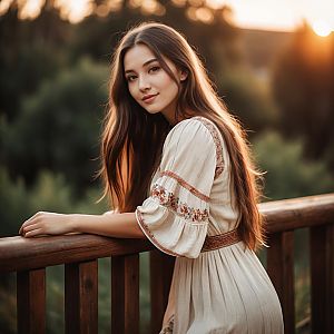 Young Woman in Vintage Embroidered Dress Leaning on Wooden Railing at Sunset