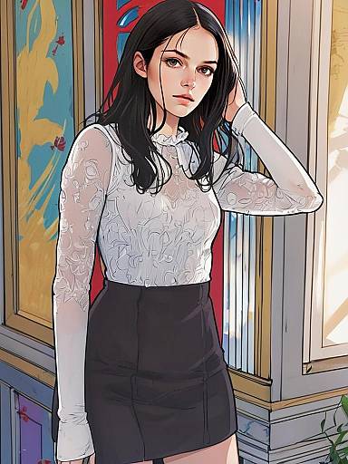 Stylish Young Woman in Lace Blouse and Black Skirt Digital Illustration