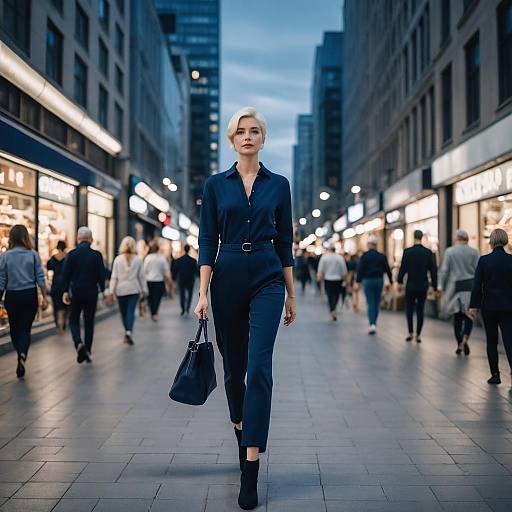 Confident Woman Walking in Stylish Navy Outfit on Urban Shopping Street