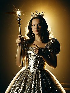 Regal Woman in Golden Sequined Gown Wearing Crown and Holding Scepter