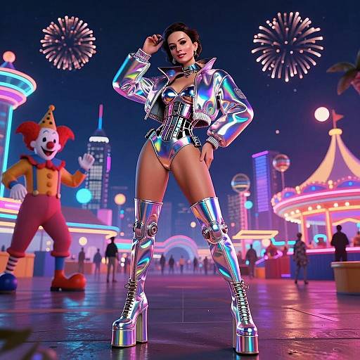 Futuristic Woman in Metallic Outfit at Neon Carnival with Fireworks