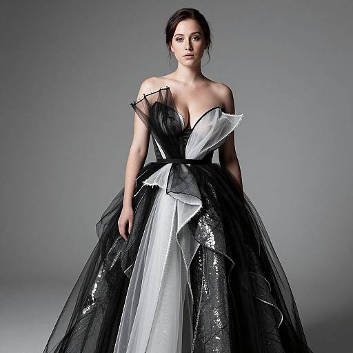 Elegant Woman in Black and White Tulle Evening Gown