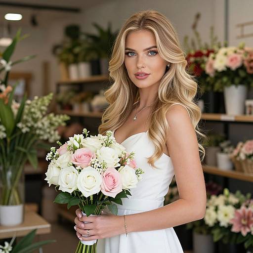 Blonde Woman Holding Pink and White Rose Bouquet in Flower Shop