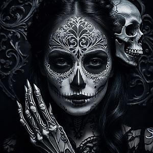 Woman with Sugar Skull Makeup and Gothic Background