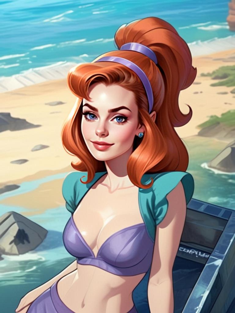 Retro Pin-Up Style Digital Illustration of a Red-Haired Woman at the Beach