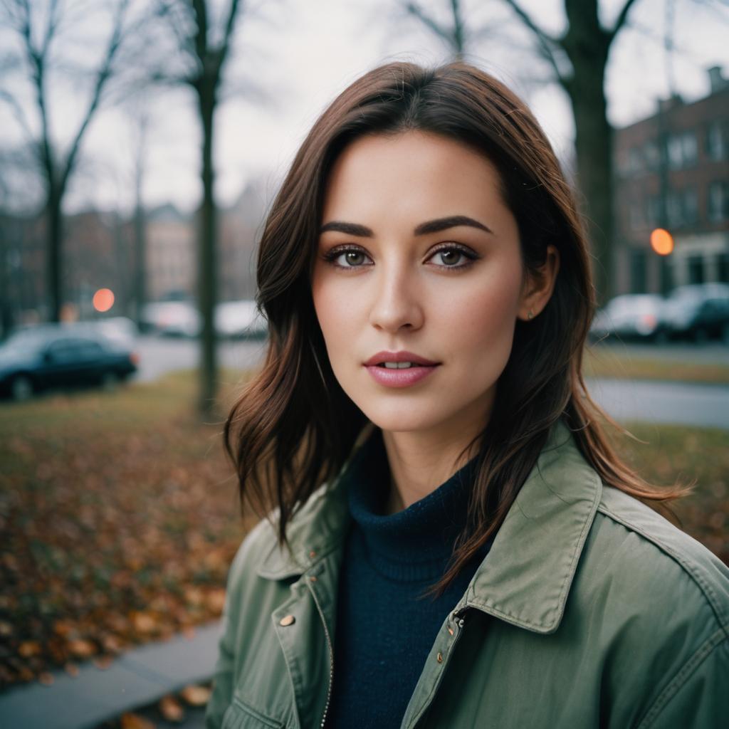 Young Woman in Stylish Jacket Among Autumn Trees