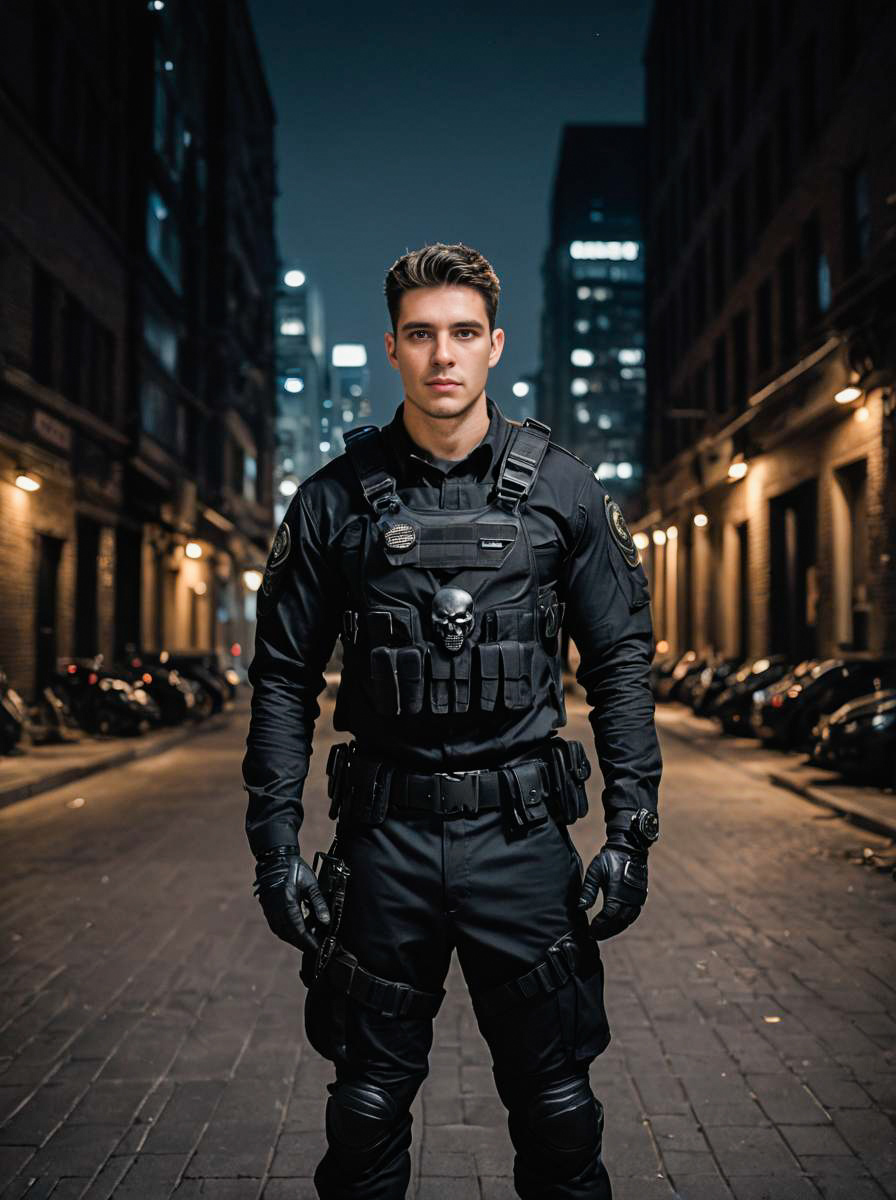 Man in Tactical Black Costume at Night