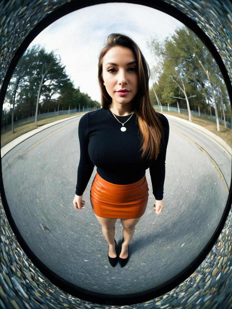 Contemporary Chic Woman Wearing Black Fitted Long Sleeve Top and Orange Leather Mini Skirt