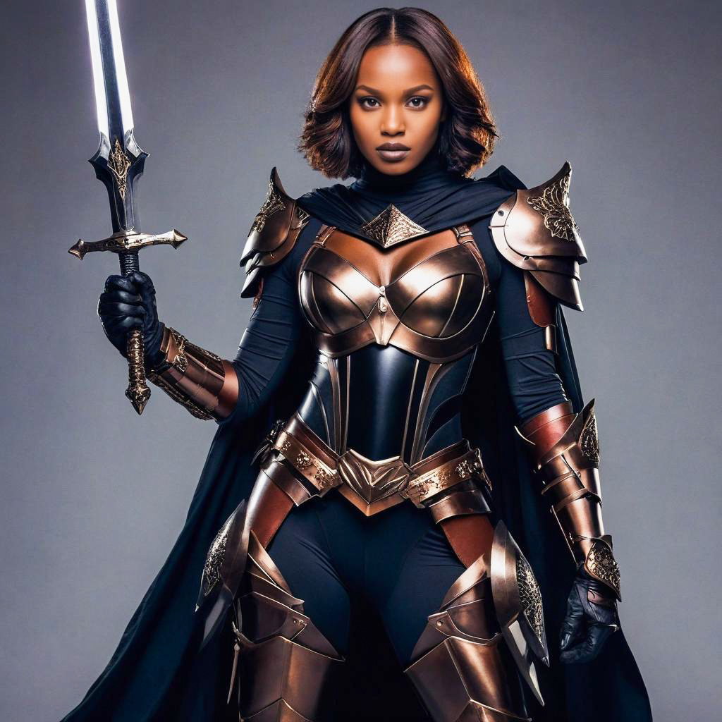 Confident Woman in Bronze and Black Armor with Sword