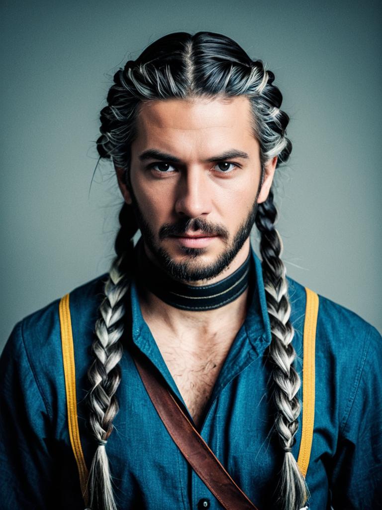 Man with Braided Hairstyle and Suspenders