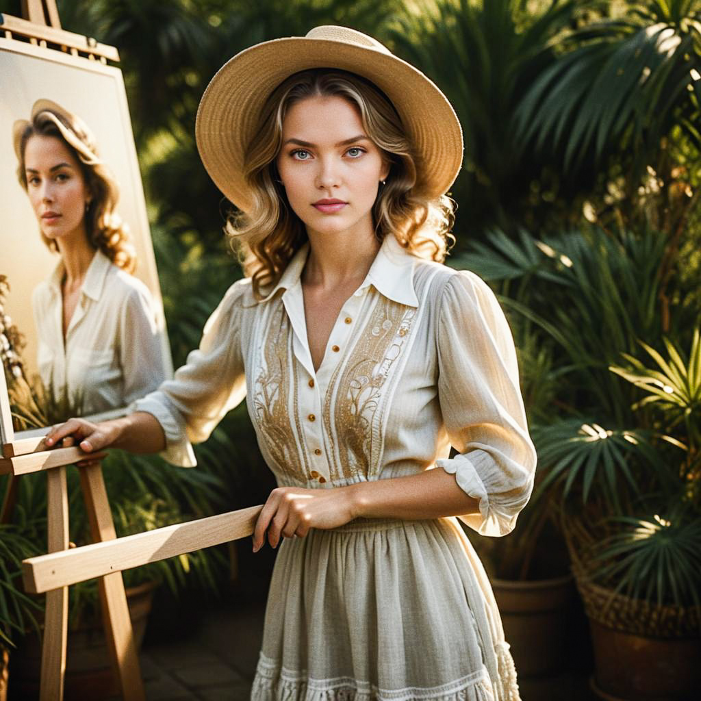 Elegant Woman Gazing in Mirror Surrounded by Greenery