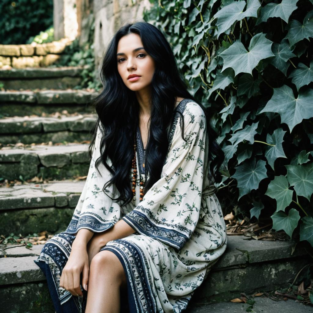 Young Woman in Bohemian Dress on Stone Steps