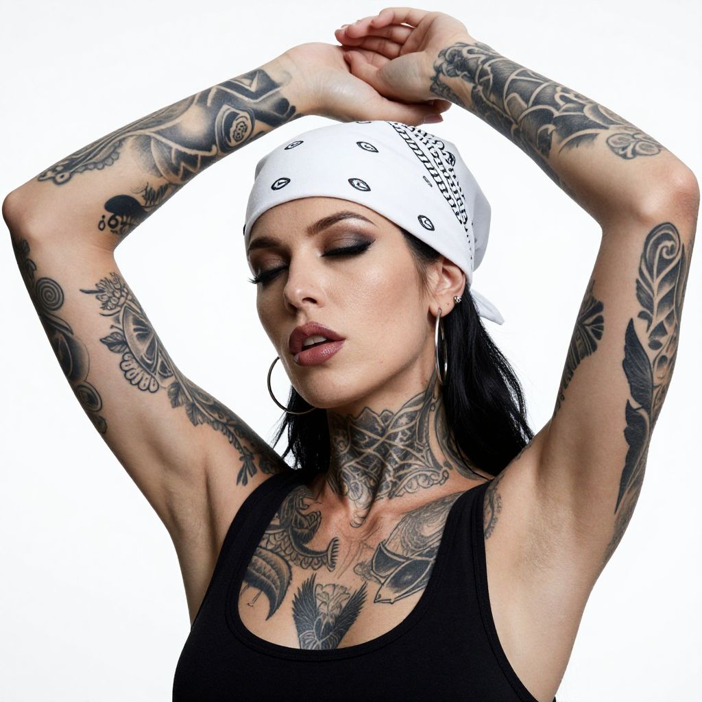 Tattooed Woman Wearing White Bandana and Black Tank Top Posing with Arms Raised