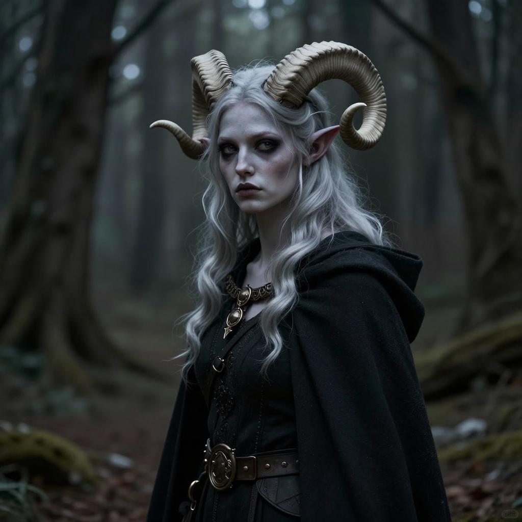 Pale Gray Skinned Woman with Ram Horns in Fantasy Realism Forest