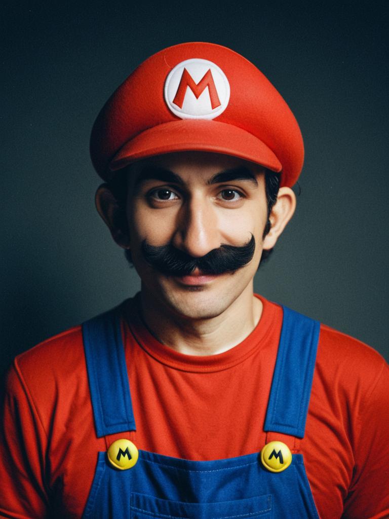 Man in Mario Costume Waist Up Editorial Portrait Photorealistic