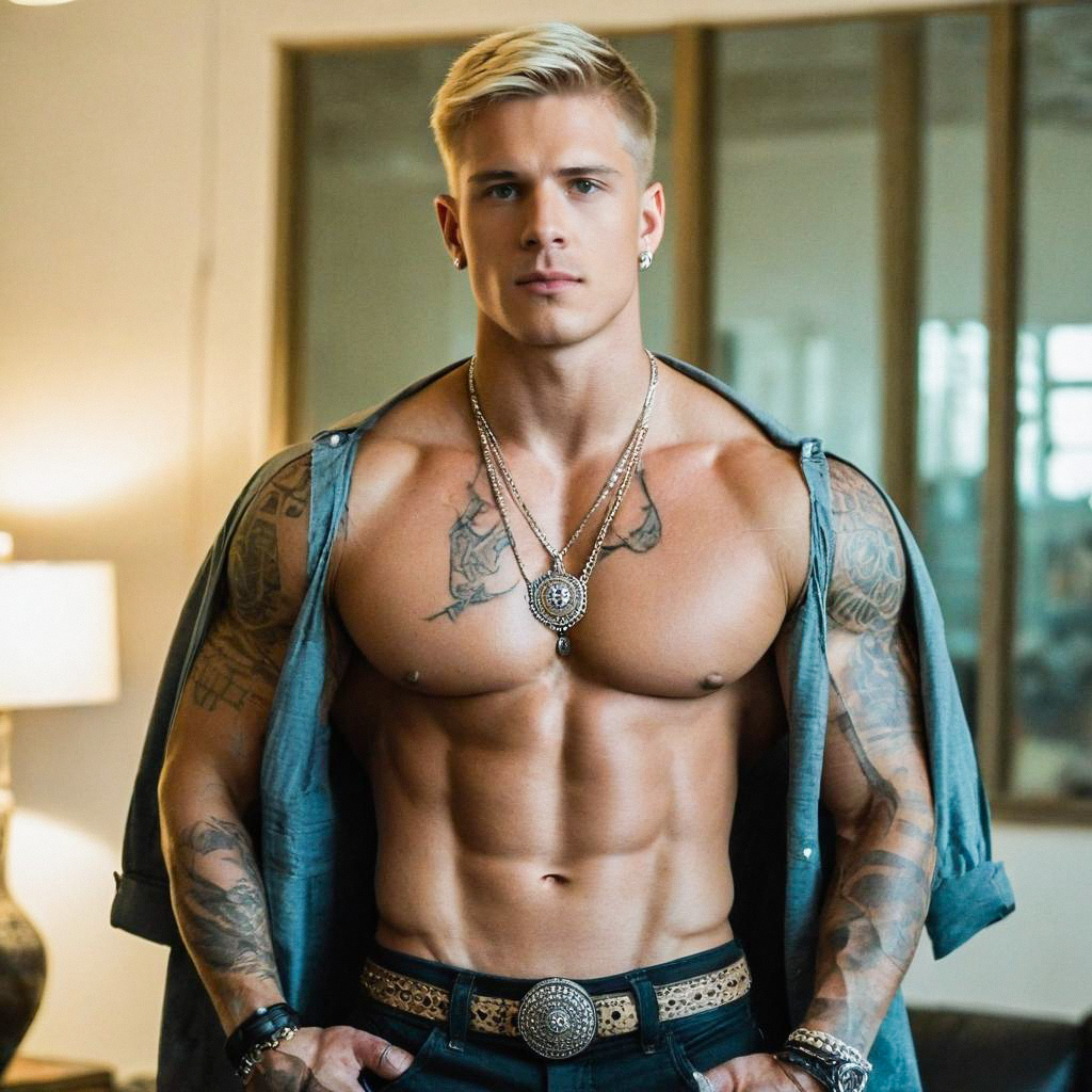 Muscular Young Man with Tattoos in Modern Living Room