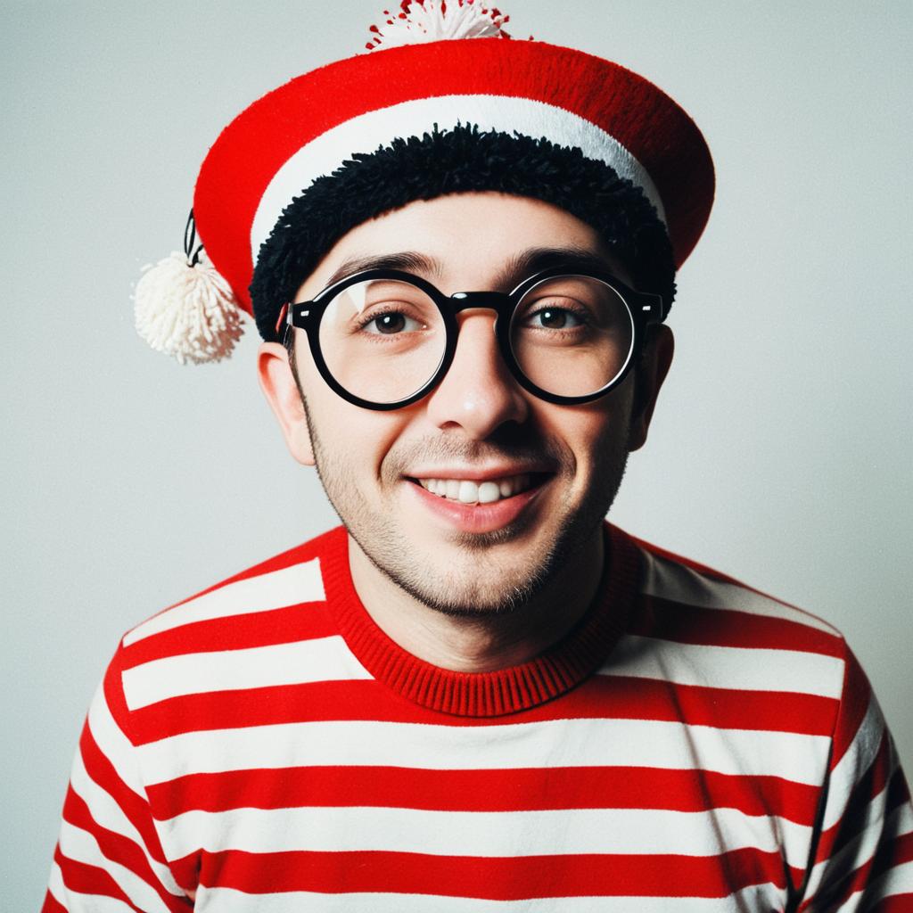 Man Wearing Classic Waldo Costume with Striped Sweater and Round Glasses