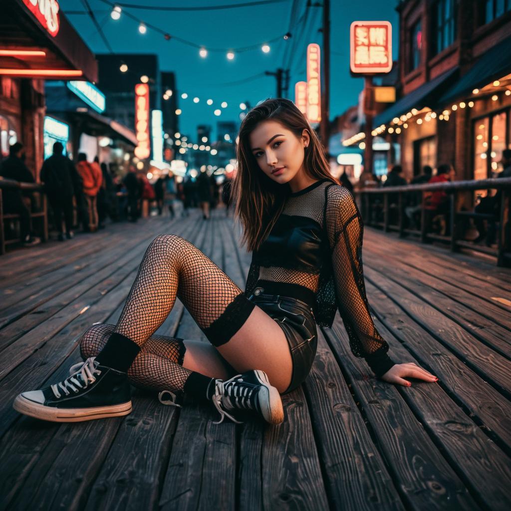 Young Woman in Fishnet Stockings Sitting on Urban Boardwalk at Night
