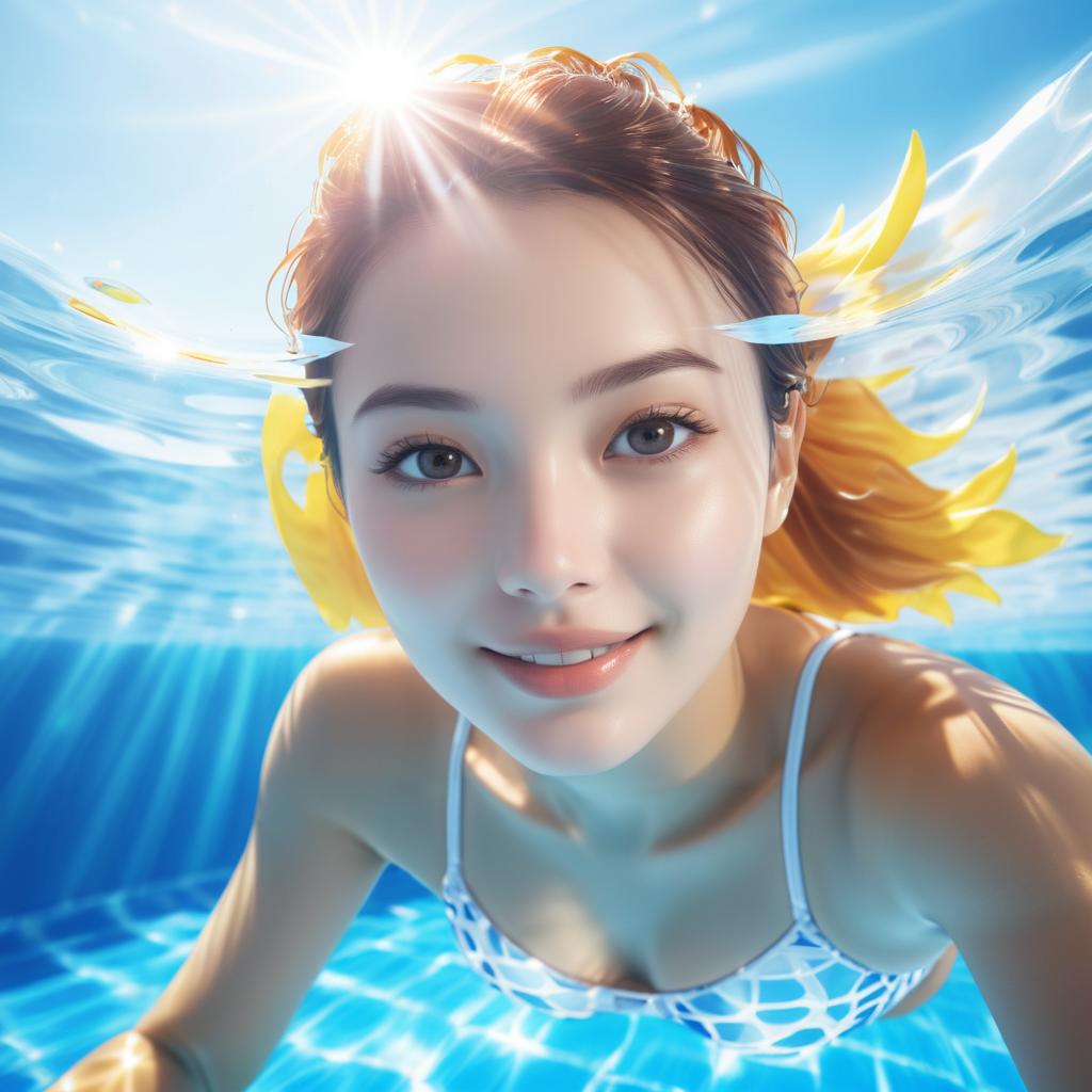 Joyful Underwater Portrait of a Woman in a Blue Pool