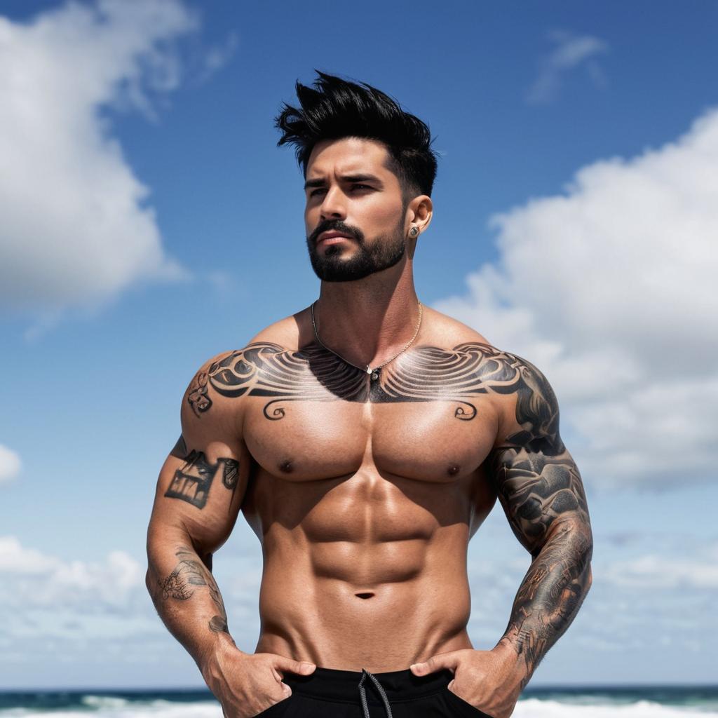 Tattooed Muscular Man with Beach Background