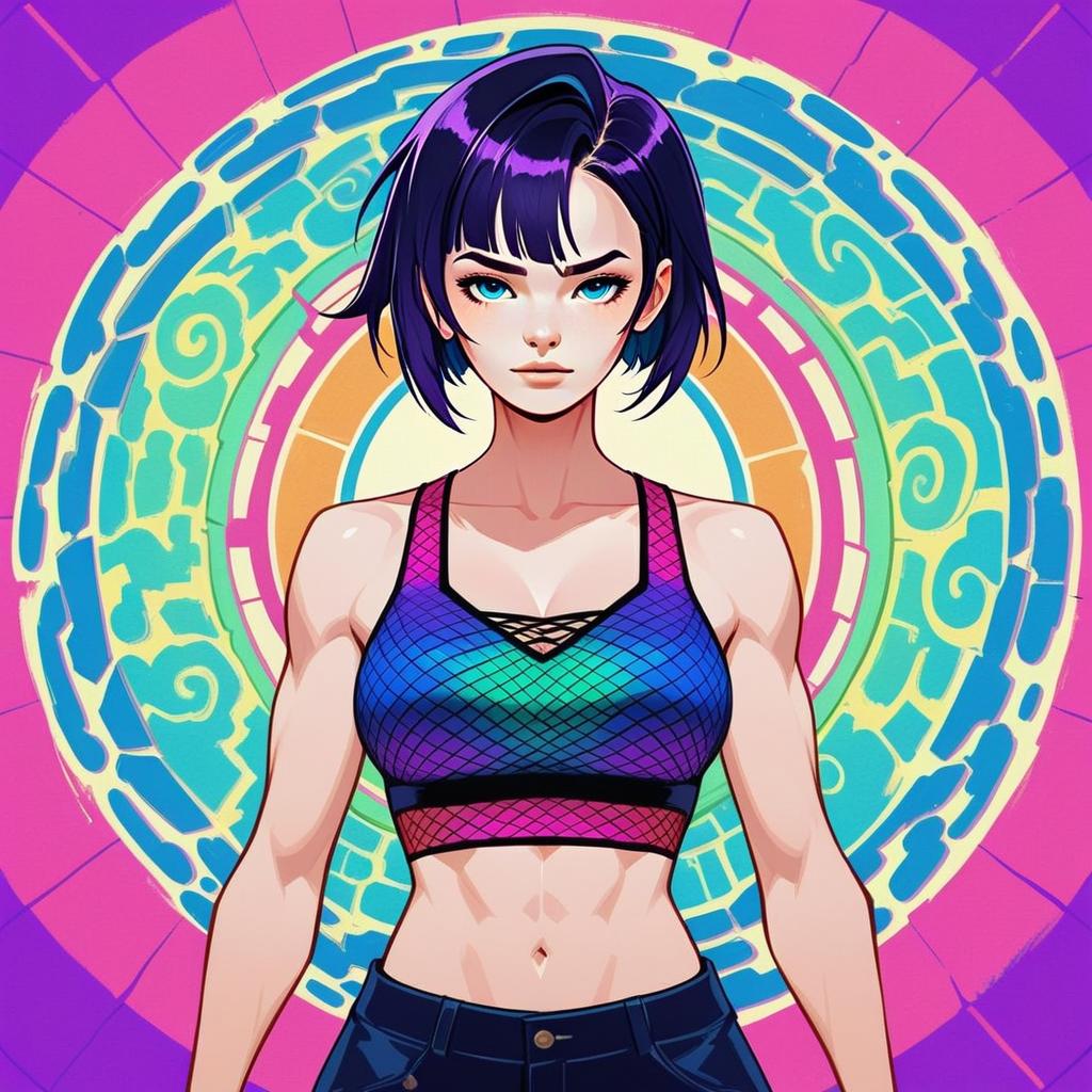 Confident Woman with Purple Hair in Vibrant Background