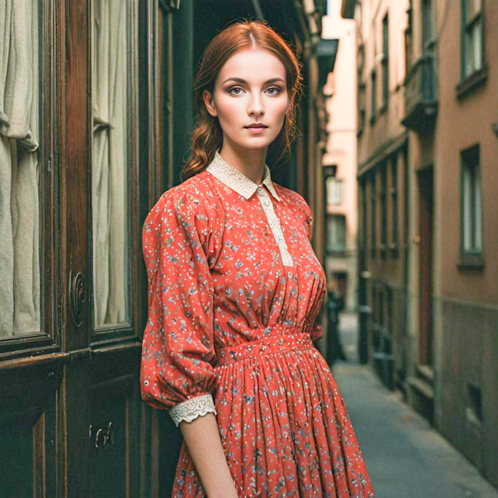 Elegant Woman in Vintage Floral Dress