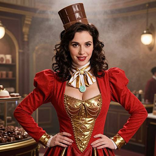 Woman in Vintage Red and Gold Costume with Chocolate Bar Hat in Chocolate Shop