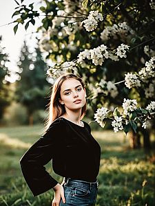Young Woman Among Blooming Flowers