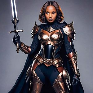 Confident Woman in Bronze and Black Armor with Sword