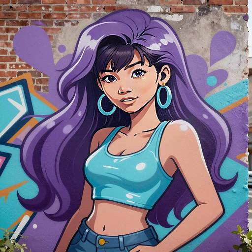 Anime-Inspired Street Art Mural of Young Woman with Purple Hair