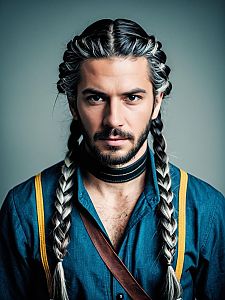 Man with Braided Hairstyle and Suspenders
