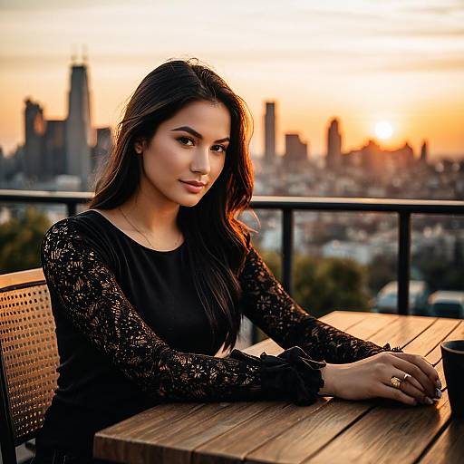 Young Woman Sitting on Balcony at Sunset with City Skyline Background