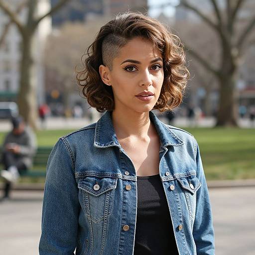 Confident Woman with Curly Bob and Shaved Side Wearing Denim Jacket Outdoors