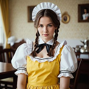 Young Woman in Yellow Vintage Maid Costume with Braided Hair