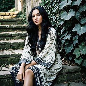 Young Woman in Bohemian Dress on Stone Steps