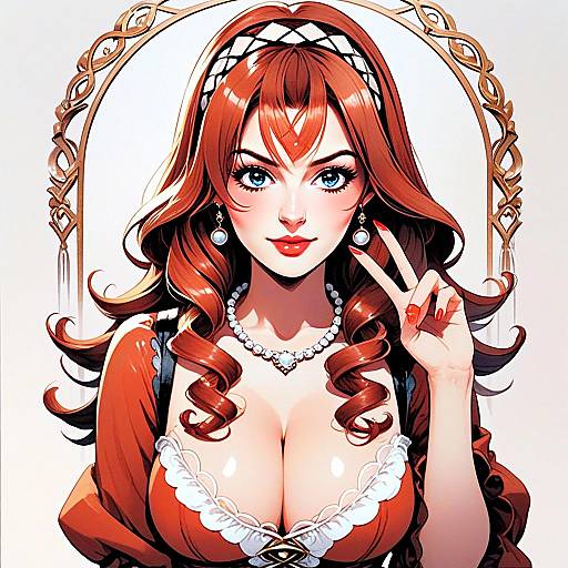 Anime Style Red-Haired Woman in Red Dress with Peace Sign Gesture