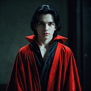 Young Man in Red Velvet Robe with Gothic Atmosphere