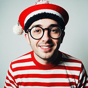 Man Wearing Classic Waldo Costume with Striped Sweater and Round Glasses