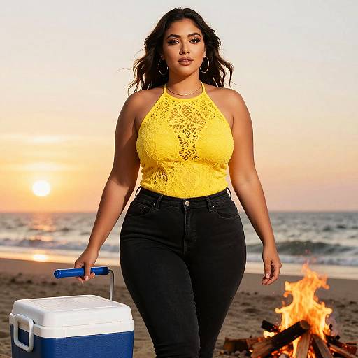 Curvy Woman in Yellow Lace Halter Top and Black Jeans Walking on Beach at Sunset