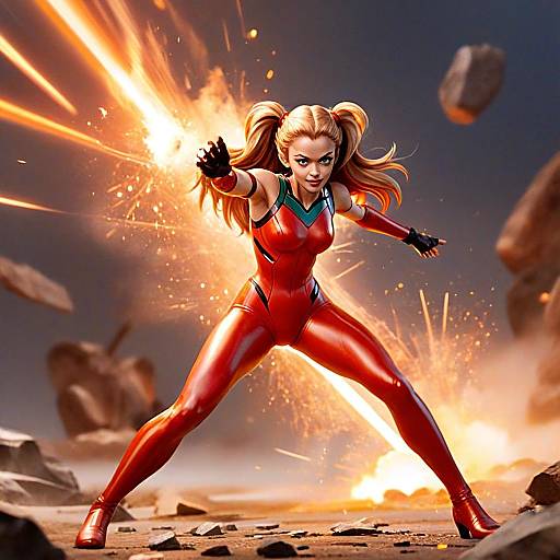 Young Woman in Red Bodysuit Striking Powerful Pose Amid Explosive Action Scene