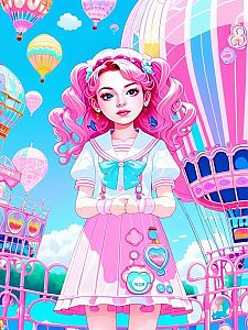 Young Woman with Pink Hair in Sailor Outfit Among Hot Air Balloons